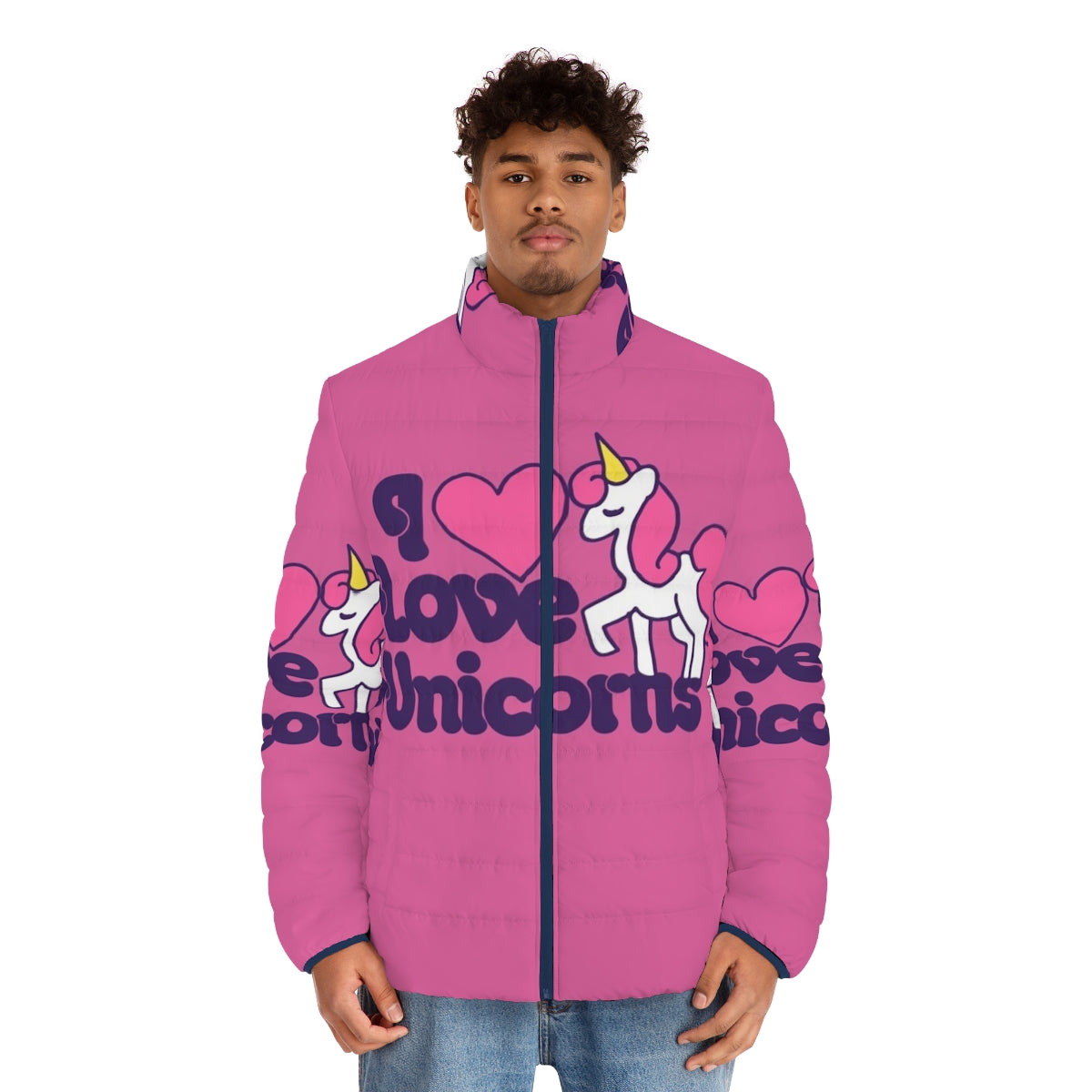 Vibrant puffer jacket featuring a colorful unicorn graphic design - men front