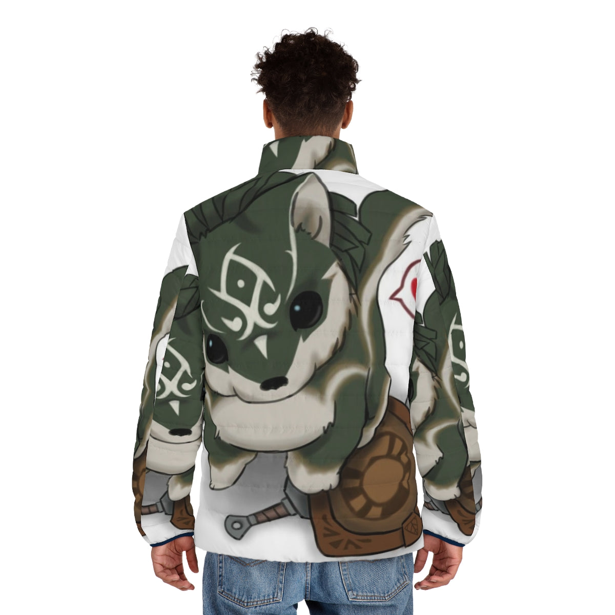 A cozy and stylish puffer jacket featuring the iconic character Link from the Zelda video game series. - men back