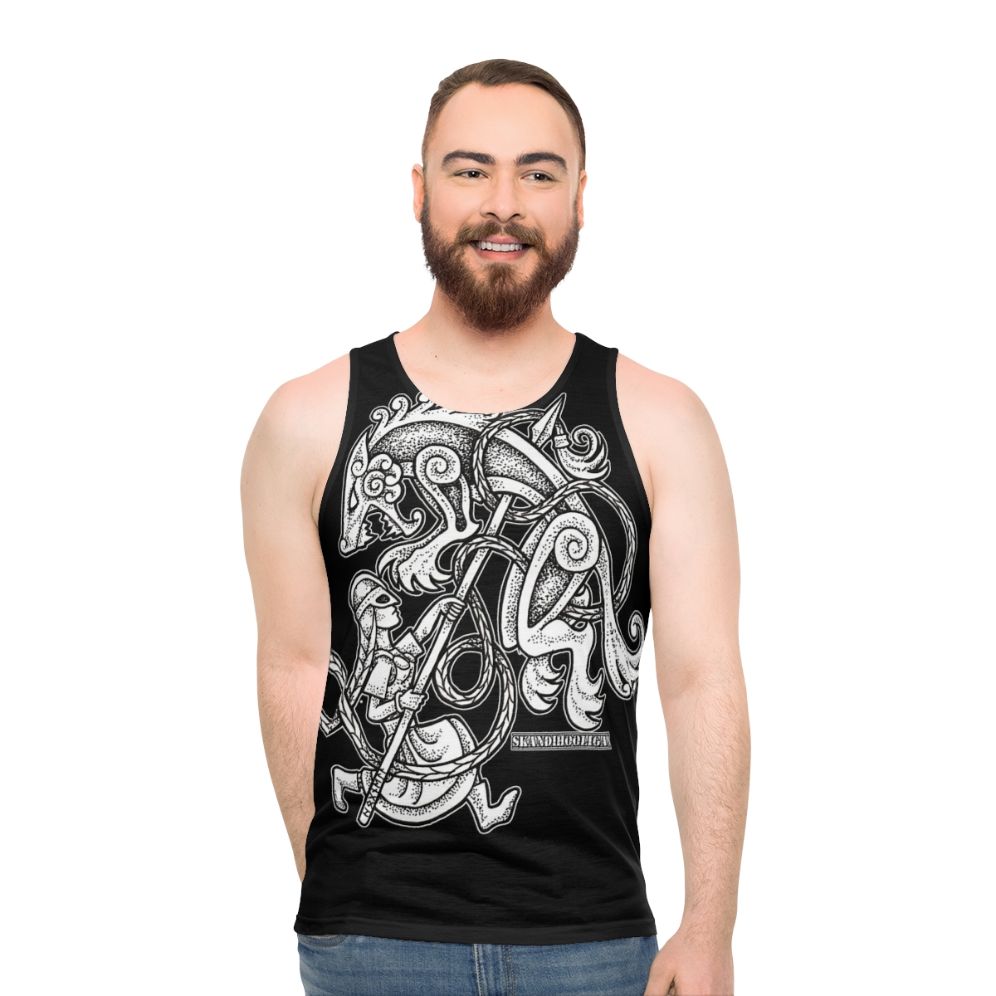 Shieldmaiden Huntress Unisex Tank Top featuring a wolf design - men