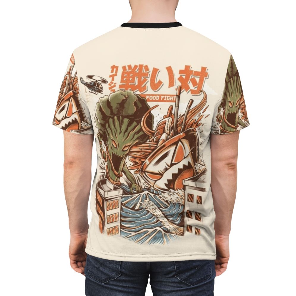 Illustration of ramen noodle monster and broccoli monster in a battle, with Japanese-inspired design elements - men back