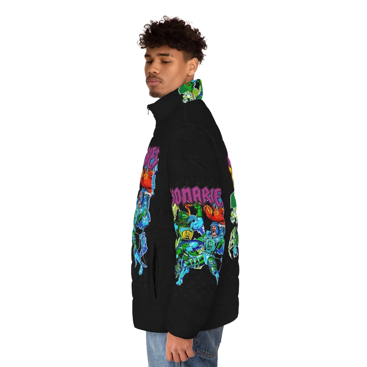 Retro 80s visionaries puffer jacket with psychedelic, trippy, and vintage inspired design - men side left