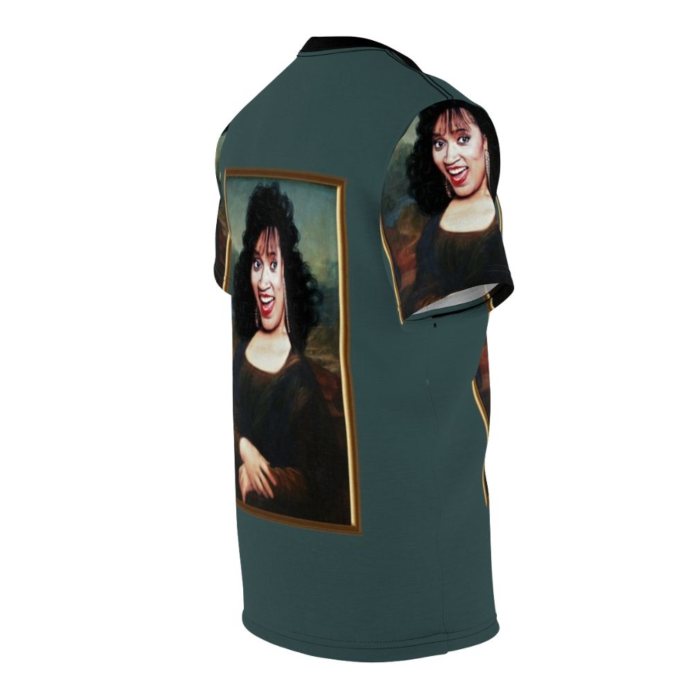 Mona Lisa and Jackee Harry Pop Art T-Shirt featuring an artistic mashup of the classic Mona Lisa painting and the iconic actress Jackee Harry from the '80s sitcom Sister Sister. - men right