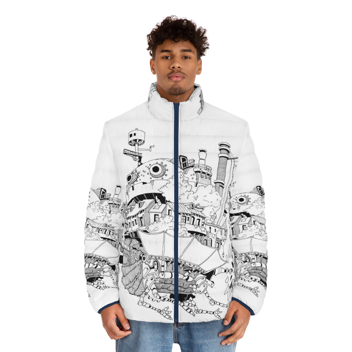 Howl's Moving Castle inspired puffer jacket featuring characters and elements from the anime film - men front