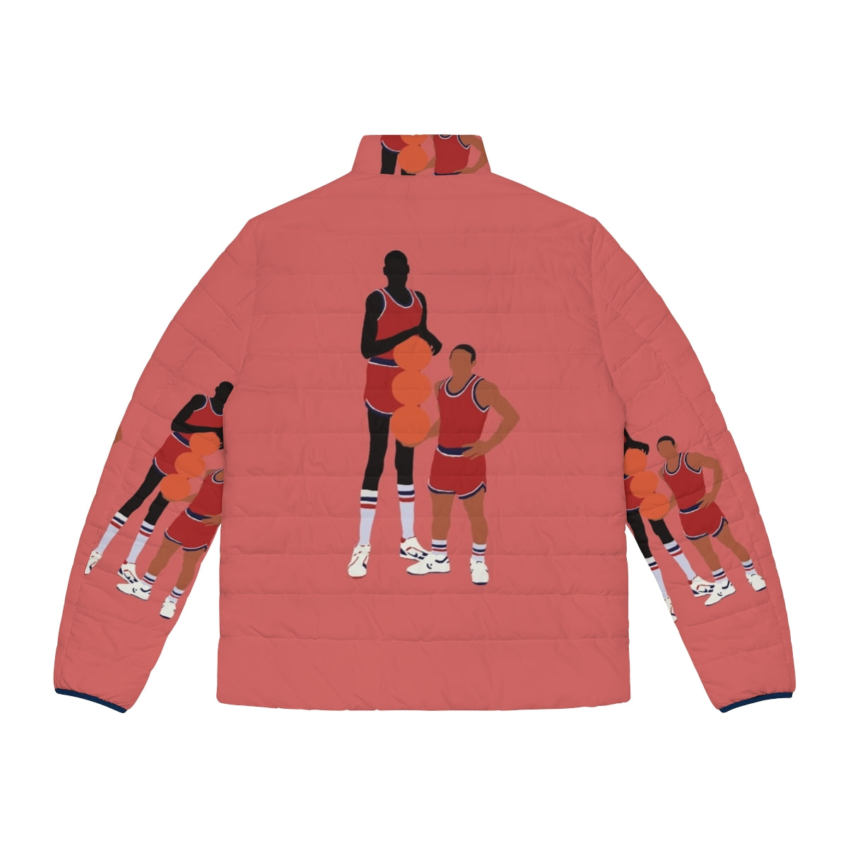 Manute Bol and Muggsy Bogues inspired puffer jacket with basketball art design - Back