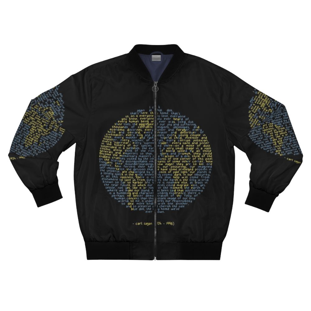 Pale blue bomber jacket with 'Pale Blue Dot' design, inspired by Carl Sagan's iconic image of Earth.