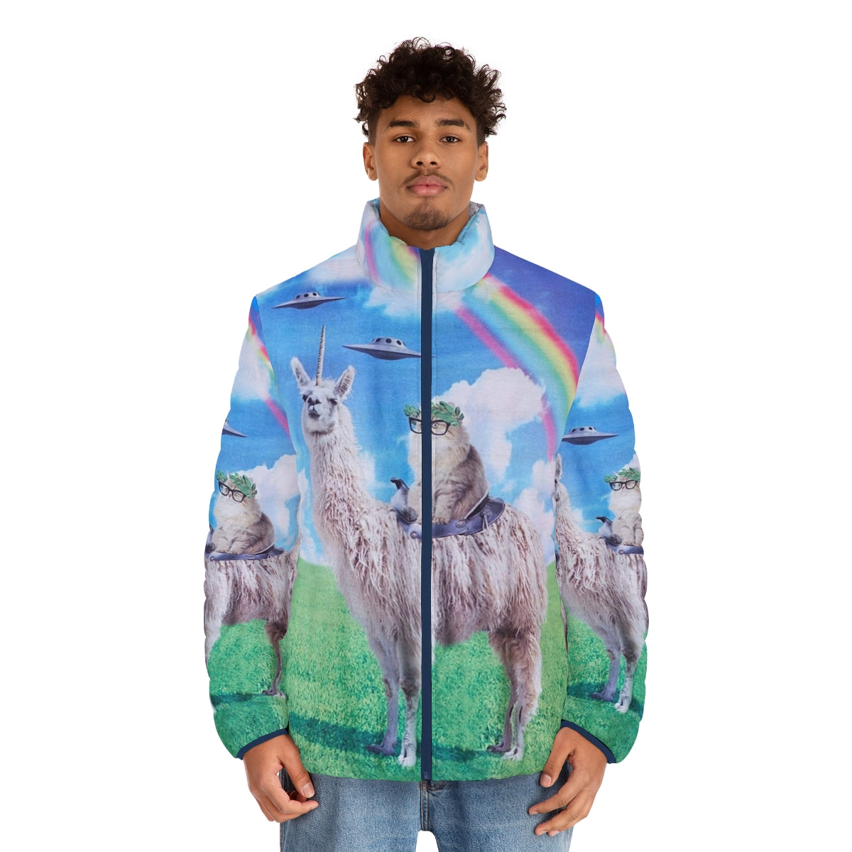 A colorful puffer jacket featuring a cat riding a llama unicorn in a space-themed design with rainbows and UFOs. - men front