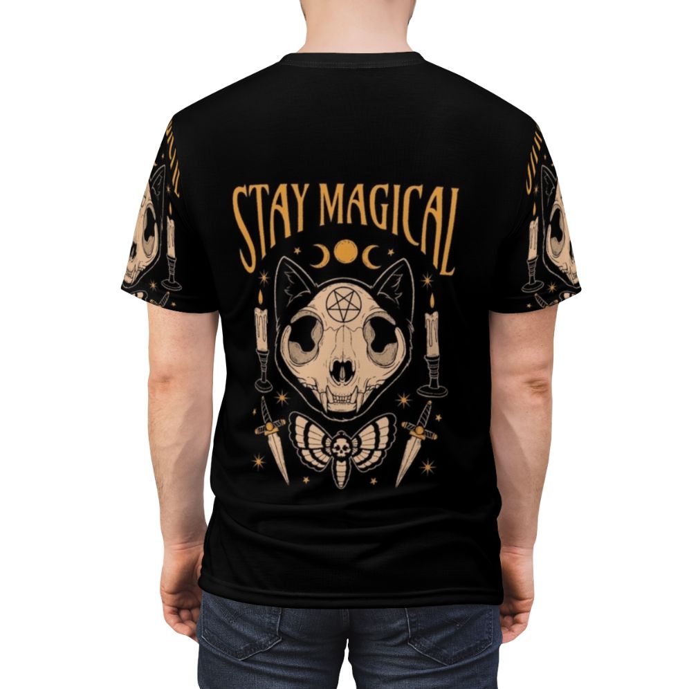 Person wearing a t-shirt featuring a mystical cat skull design with occult and astrological elements. - men back