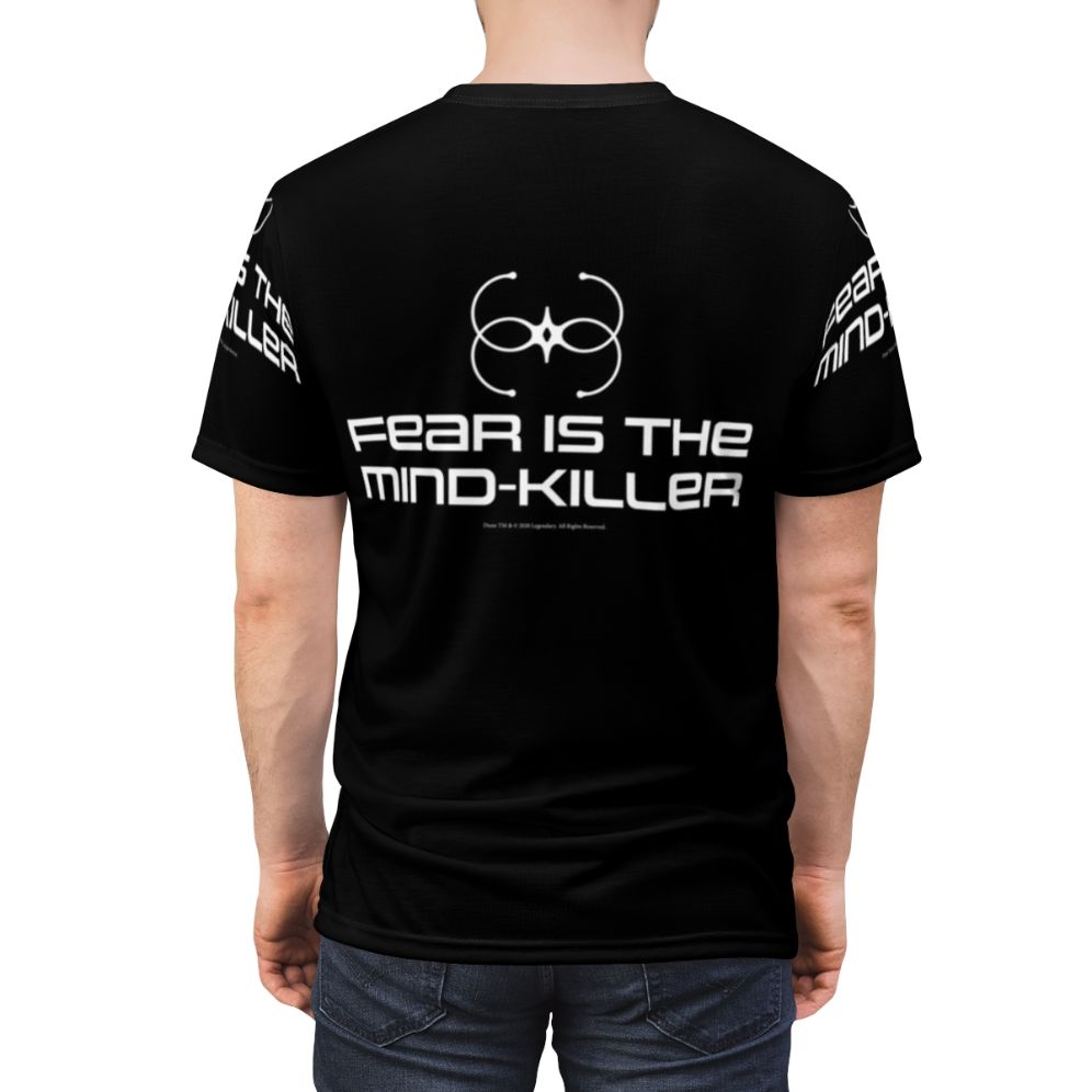 Dune-inspired "Fear Is The Mind Killer" t-shirt featuring Dune movie imagery and artwork - men back