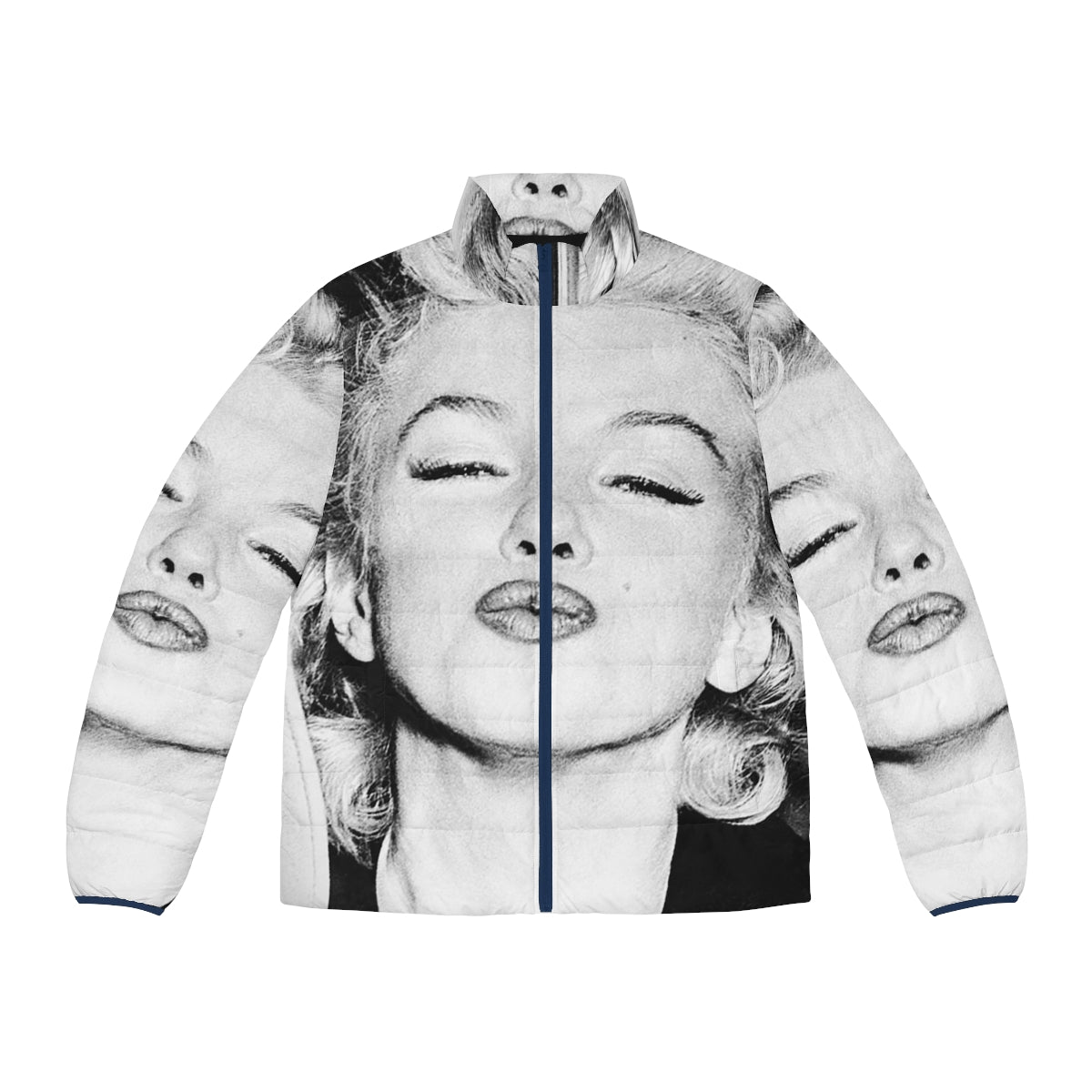 Vintage black and white portrait of iconic Hollywood actress Marilyn Monroe wearing a puffer jacket