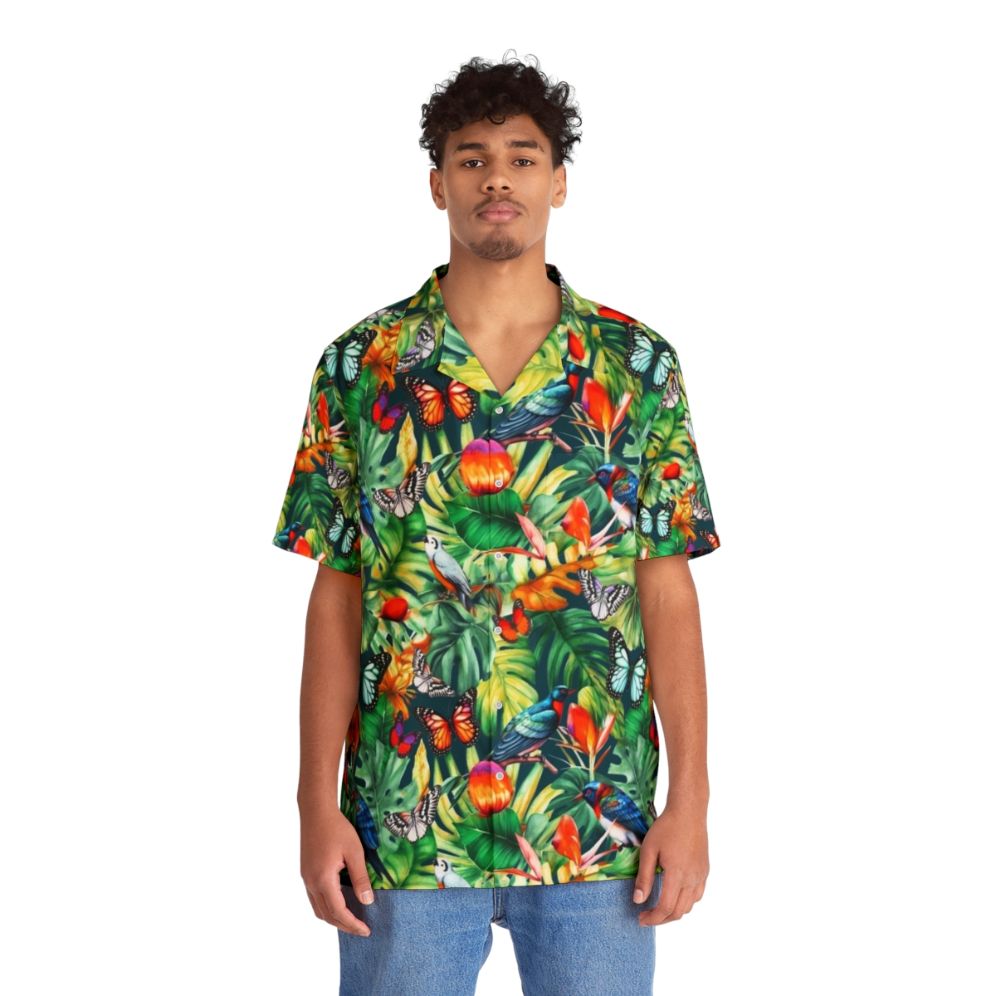 Jungle Watercolor Hawaiian Shirt with Tropical Floral and Botanical Print - People Front