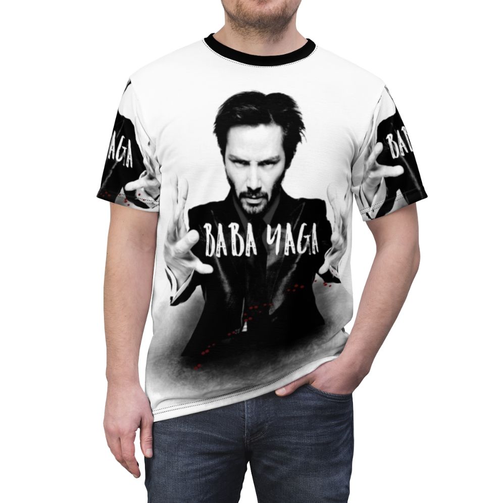 Keanu Reeves inspired graphic t-shirt with action movie graphics - men front