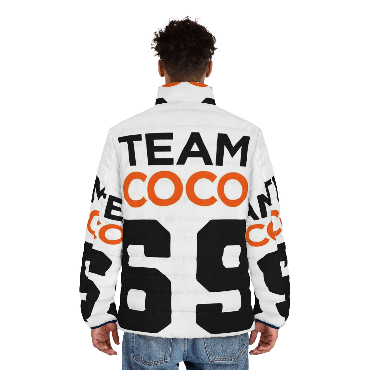 Team Coco football jersey style puffer jacket featuring Conan O'Brien's logo - men back