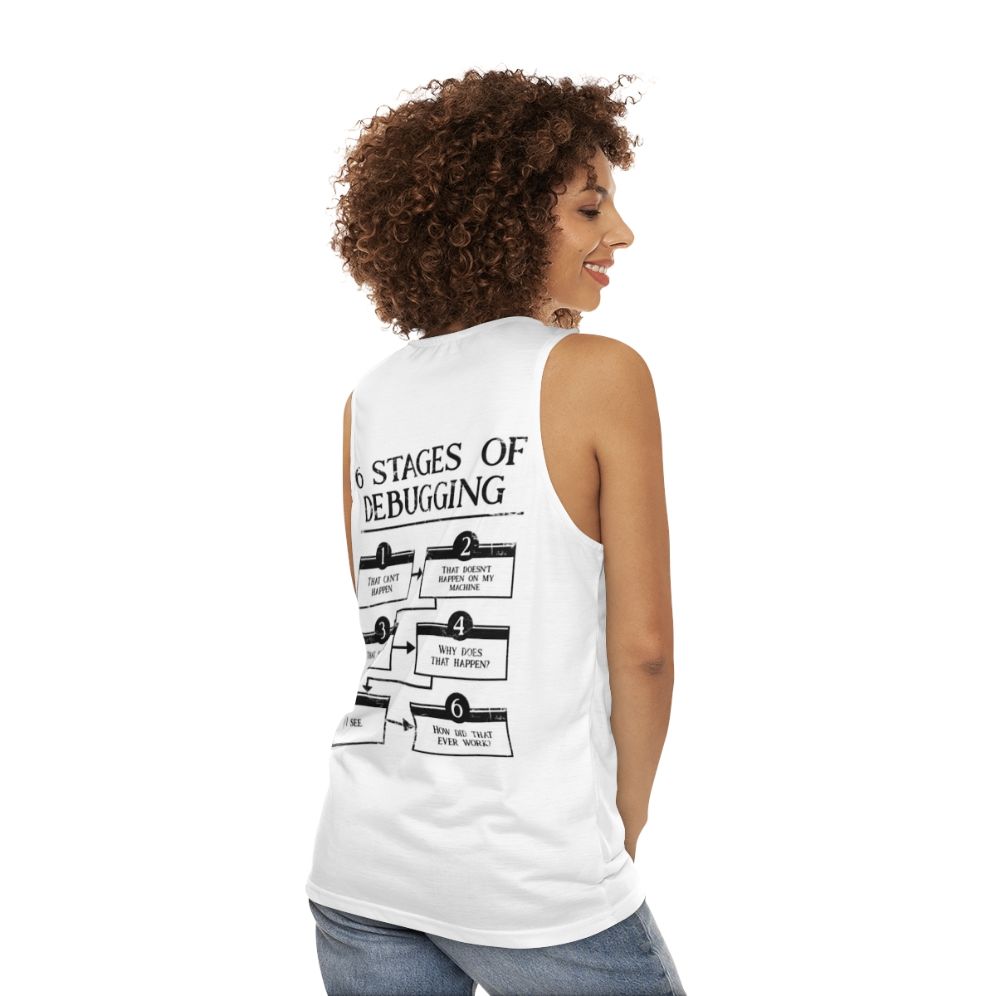 Unisex tank top with "6 Stages of Debugging" design for programmers and coders - women back