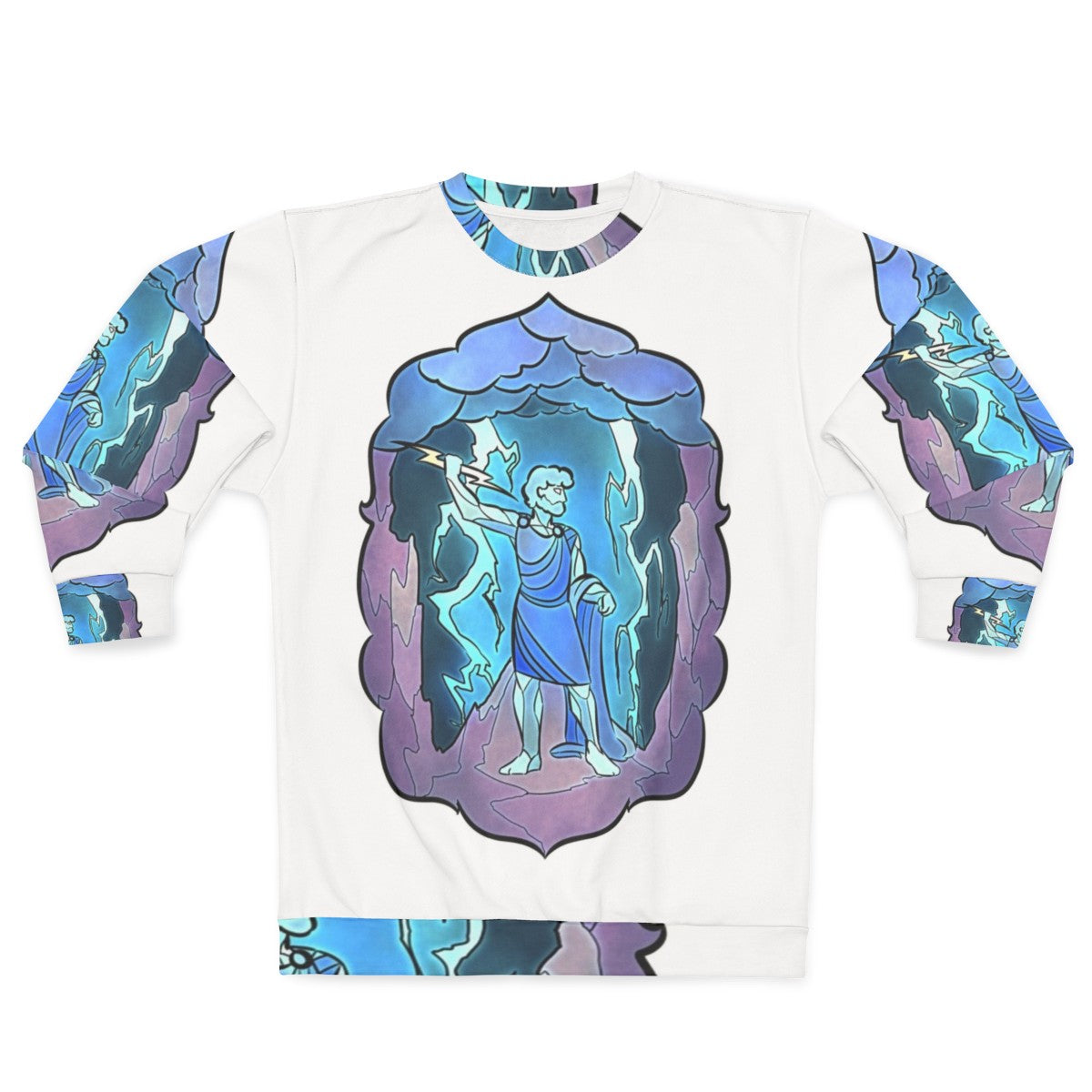 Stained glass design of the Greek god Zeus on a sweatshirt