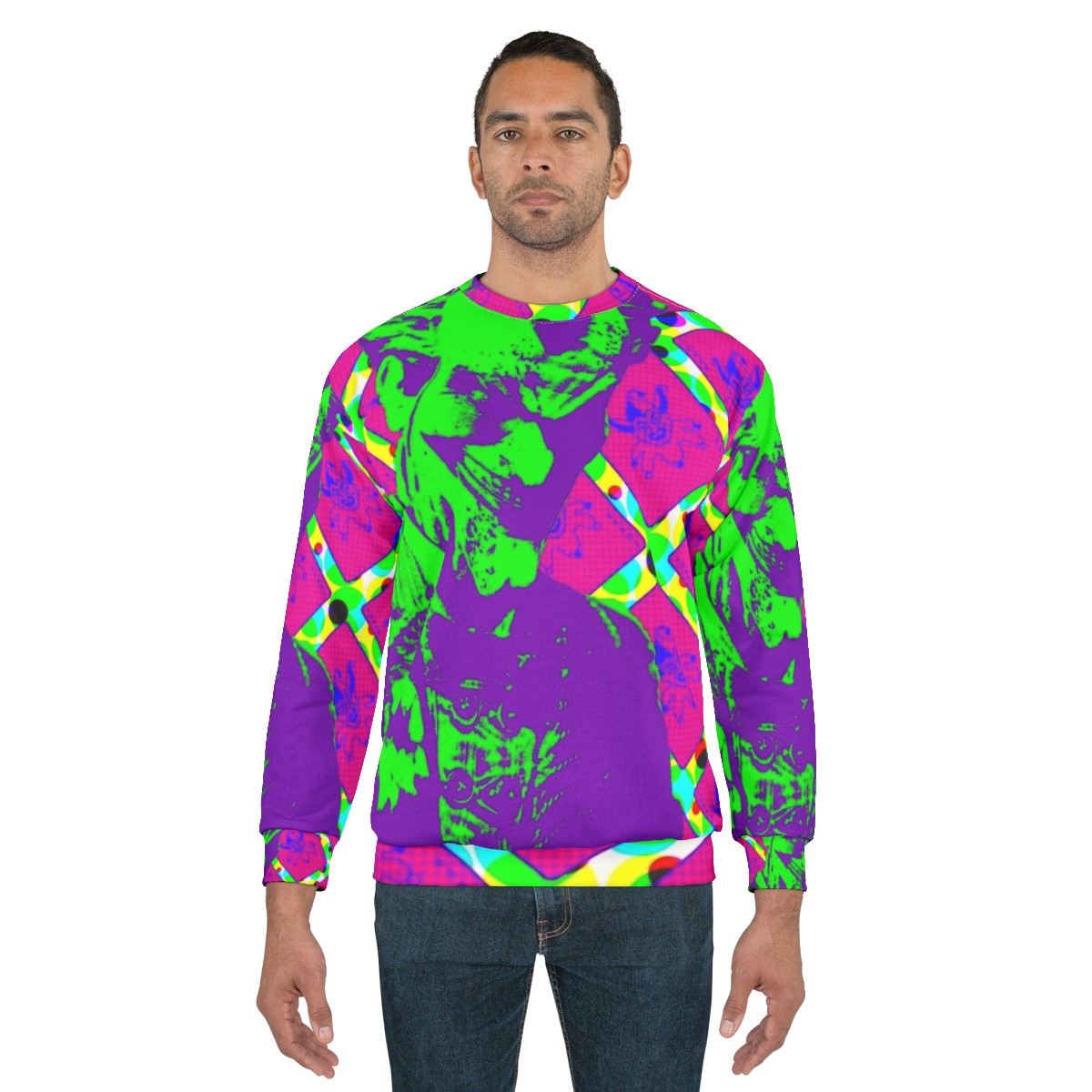 Psychedelic clown prince of crime pop art graphic on sweatshirt - men