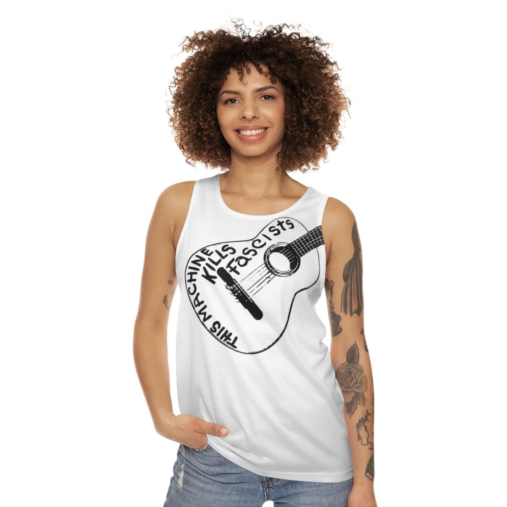 Unisex folk music tank top with "This Machine Kills Fascists" text - women