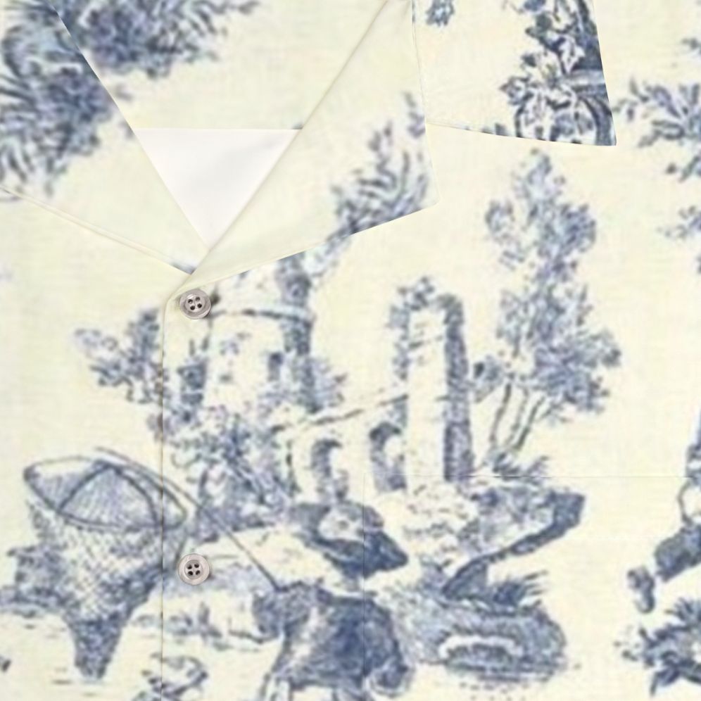 Powder blue vintage Hawaiian shirt with French toile floral designs - Detail