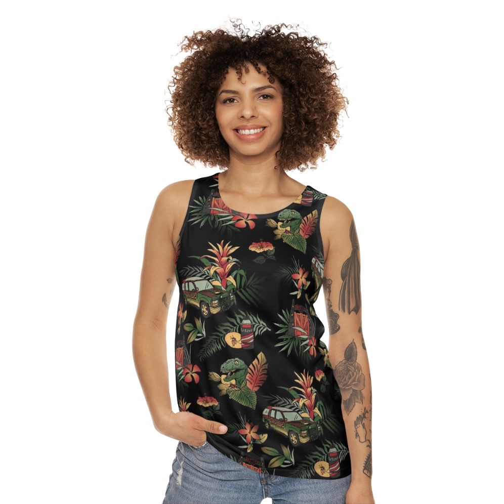 Vintage Jurassic Park inspired unisex tank top with floral dinosaur pattern - women