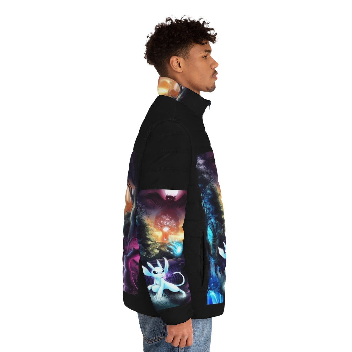 Ori and the Will of the Wisps graphic puffer jacket with platform adventure and metroidvania game design - men side right