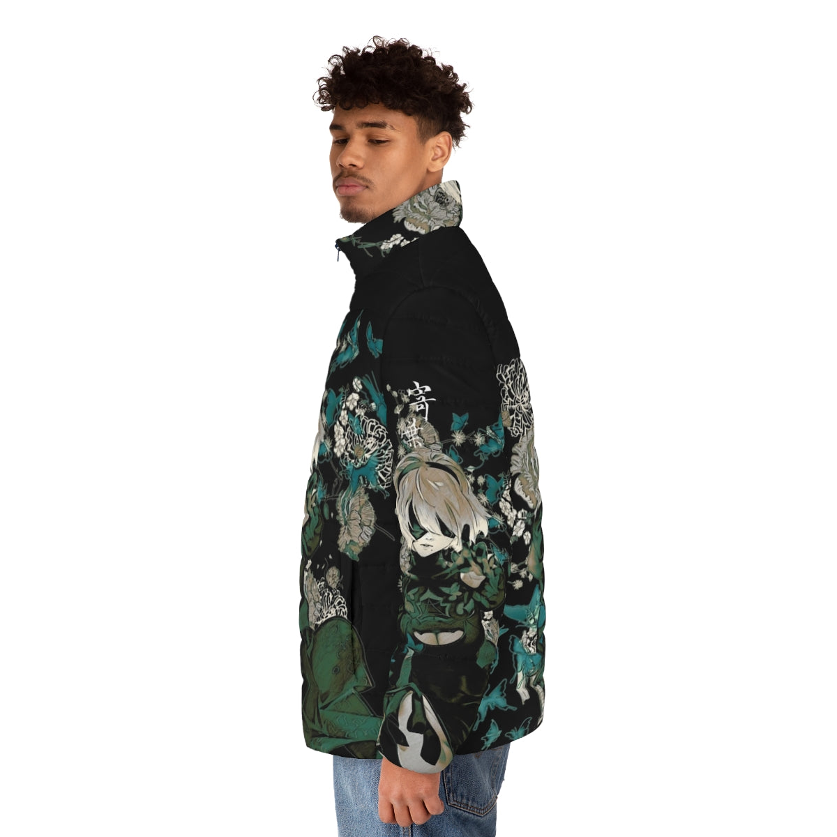 Butterflies and garden-inspired puffer jacket with Nier Automata characters - men side left