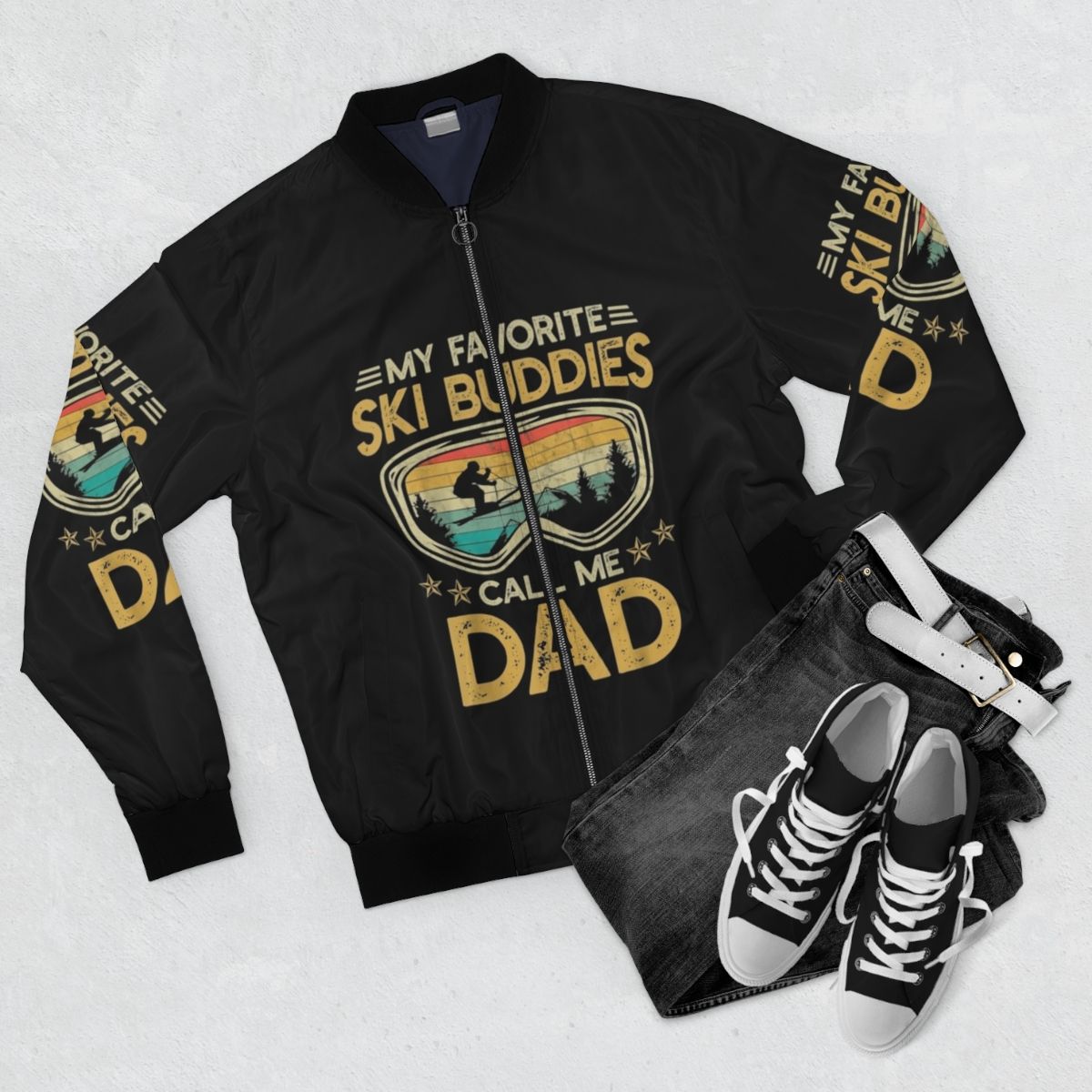 Skiing Dad Bomber Jacket with 'My Favorite Ski Buddies Call Me Dad' graphic - Flat lay