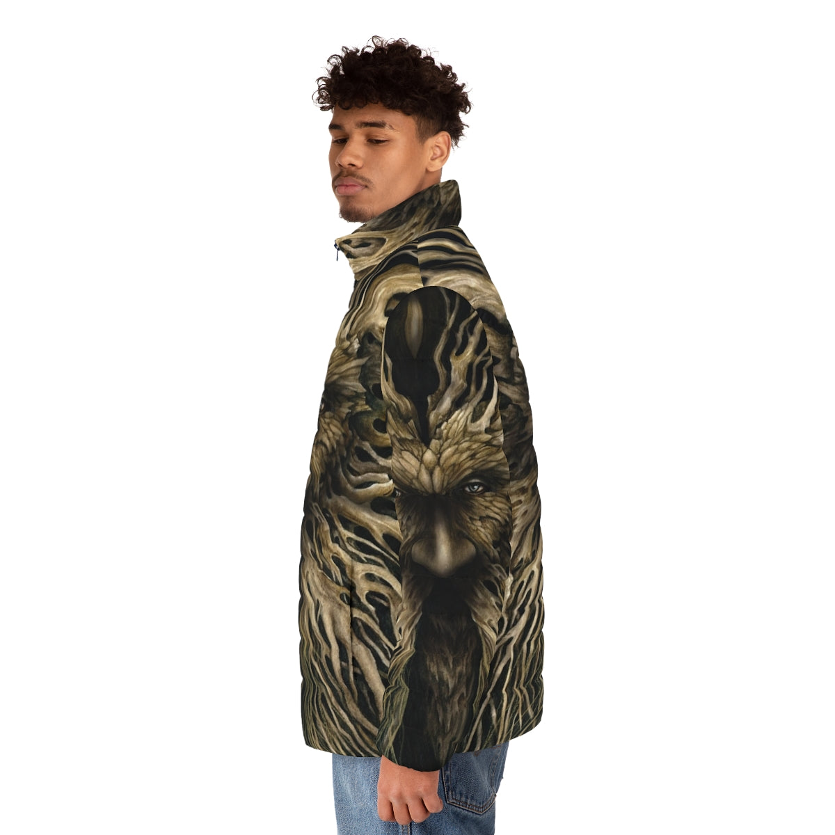 Model wearing Lord of the Greenwood puffer jacket, inspired by mythological woodland spirits - men side left