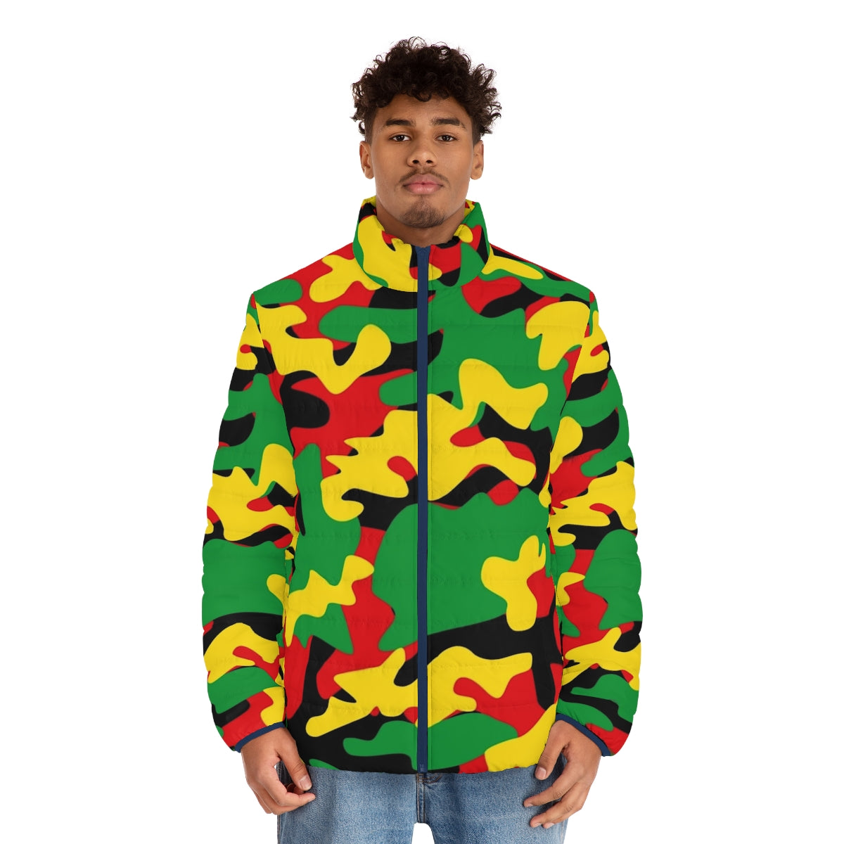 Reggae camouflage puffer jacket with red, yellow, green, and black colors - men front