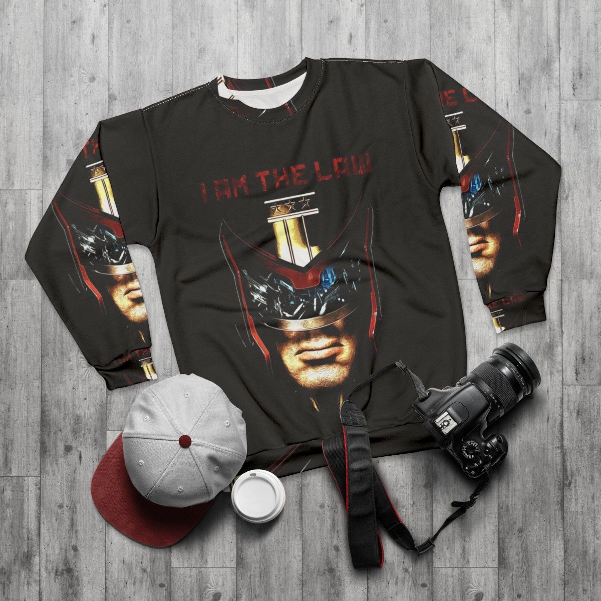 "I Am The Law" futuristic sci-fi themed sweatshirt - flat lay