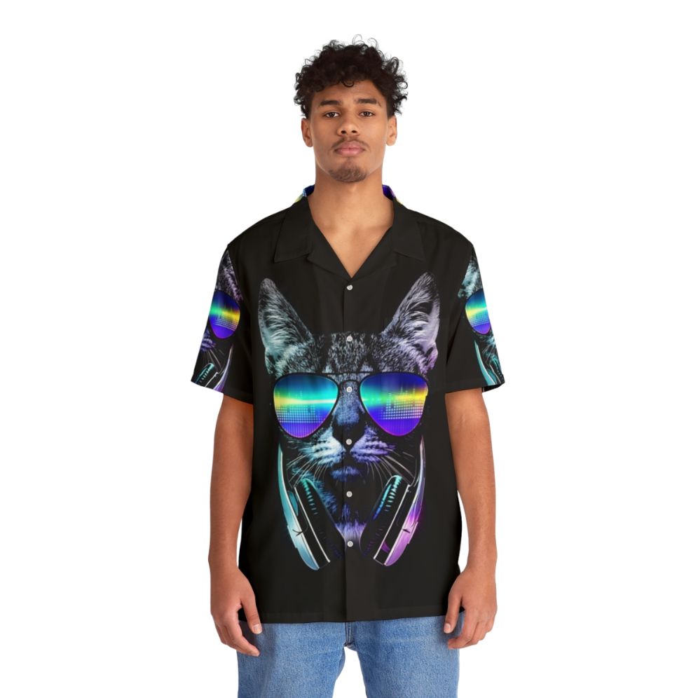 Music Lover Cat Hawaiian Shirt with Neon Equalizer Graphics - People Front