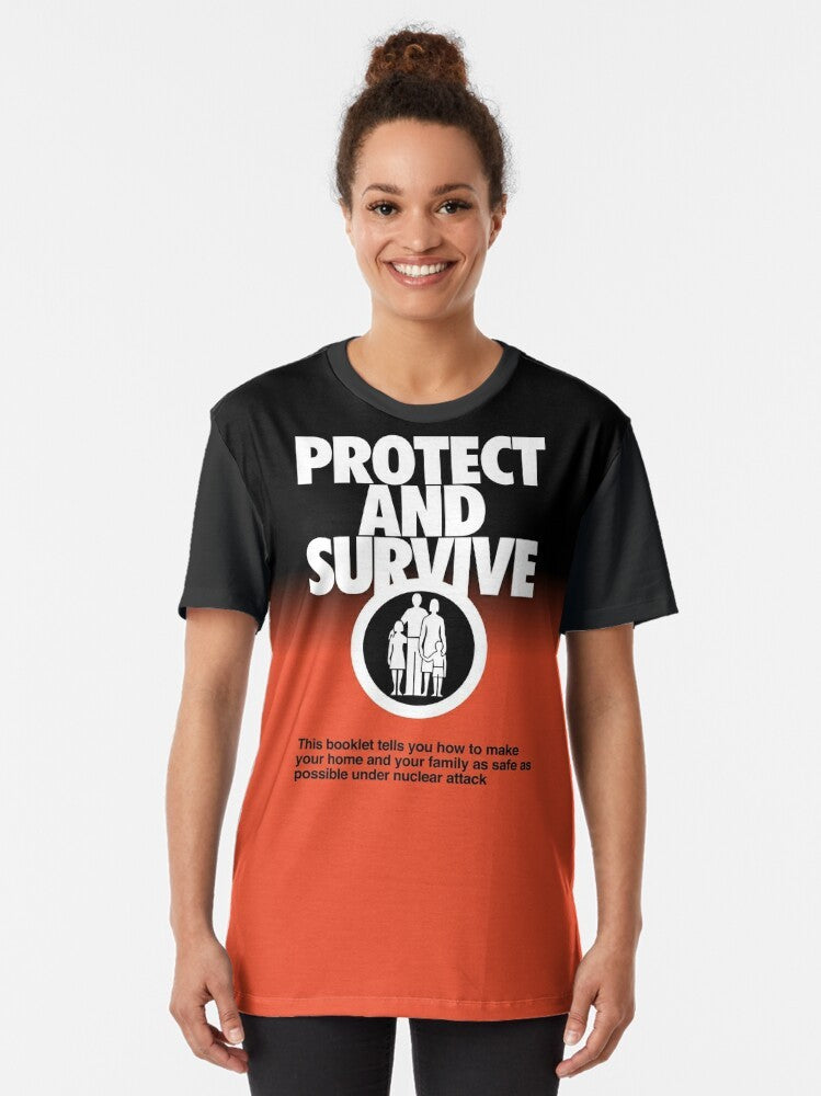 Graphic t-shirt with "Protect and Survive" design depicting nuclear fallout and radiation symbols - Women