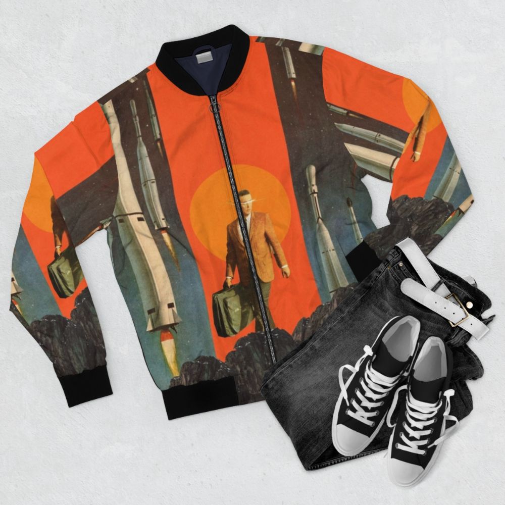 Vintage retro bomber jacket with surreal, abstract graphic design - Flat lay