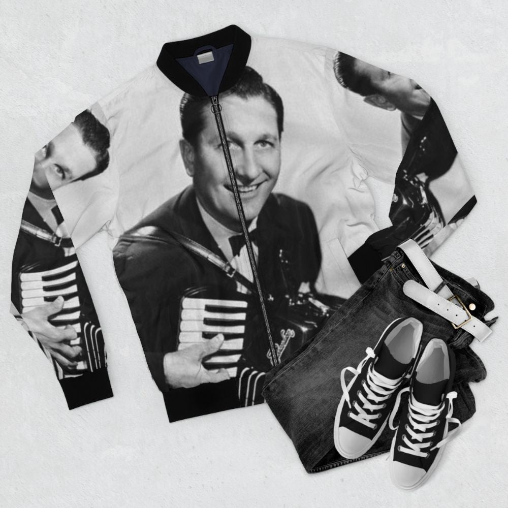 Vintage black and white photograph of Lawrence Welk smiling while holding an accordion, printed on a bomber jacket - Flat lay