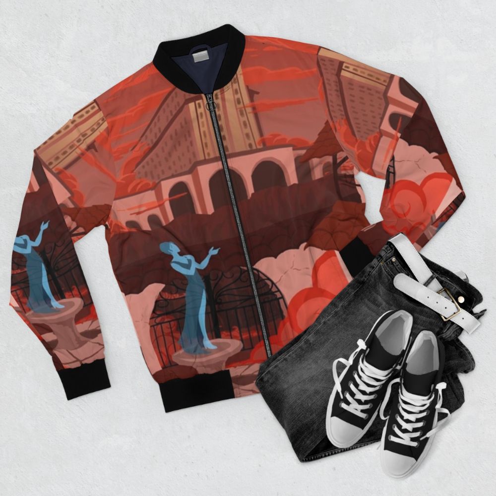 Fallout Sierra Madre bomber jacket with retro video game design - Flat lay