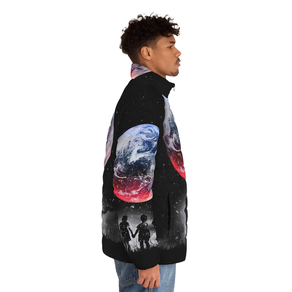 Model wearing a black puffer jacket with a space-themed design featuring stars, planets, and the universe - men side right