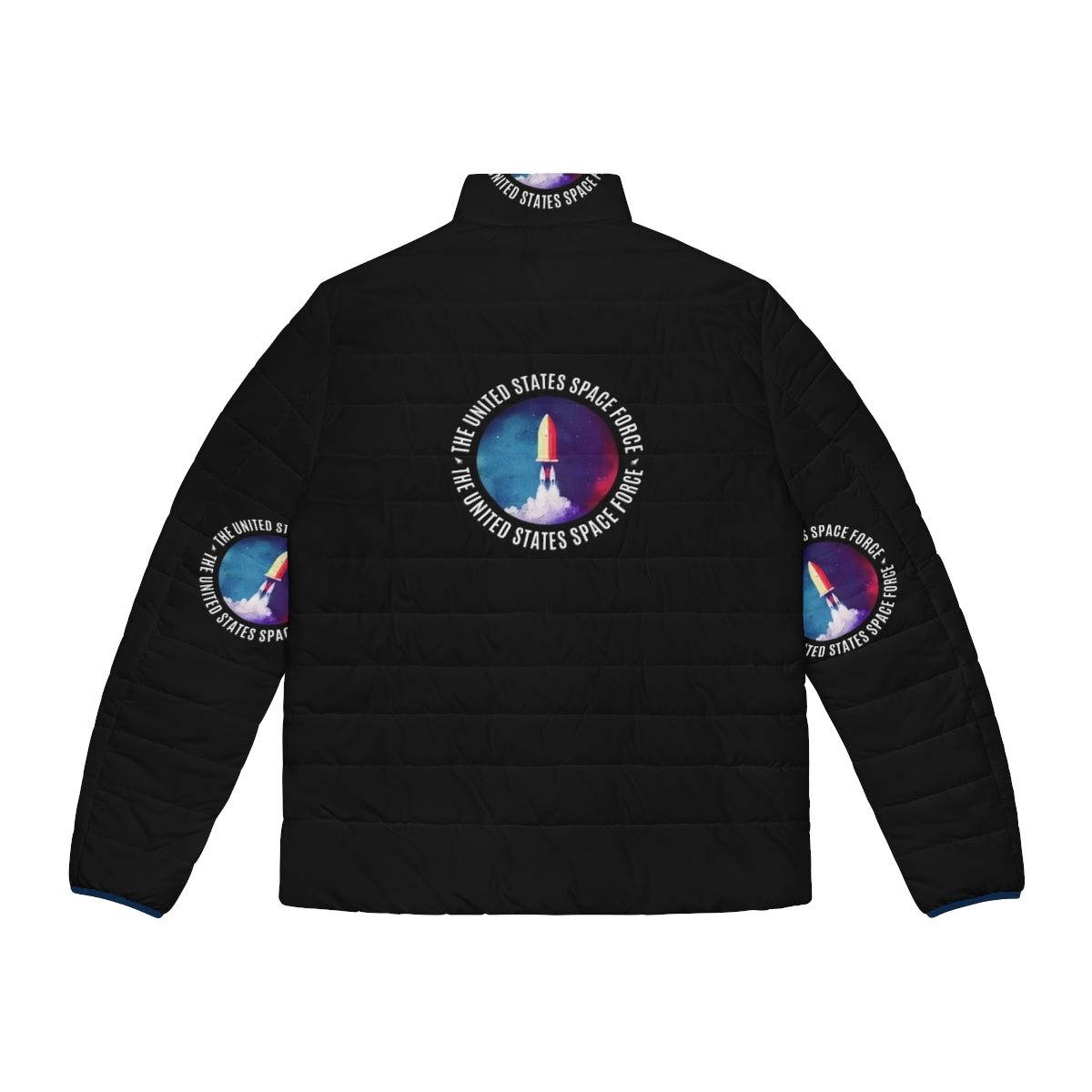 Space Force watercolor logo printed on a navy blue puffer jacket - Back