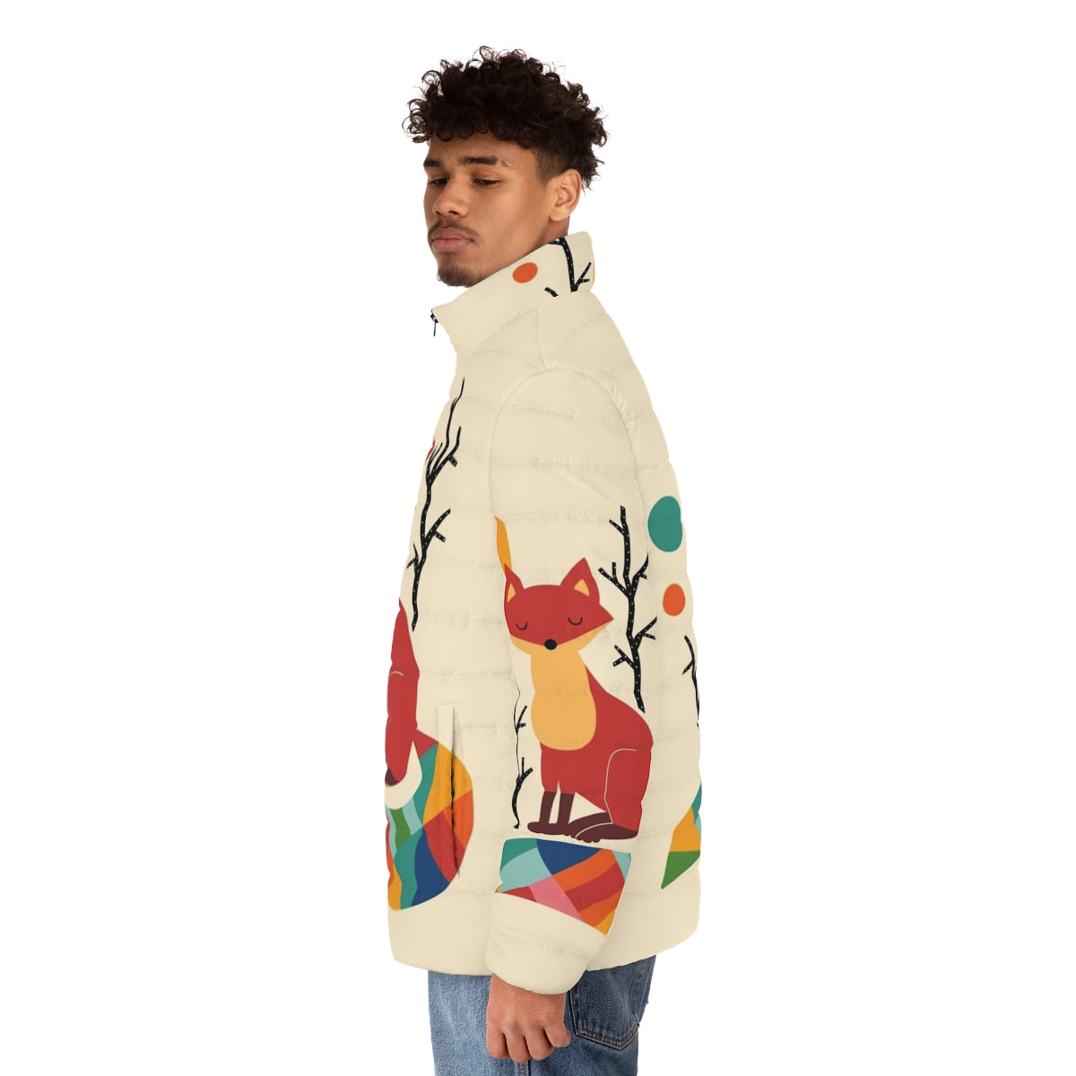 Colorful puffer jacket featuring a whimsical rainbow fox design - men side left