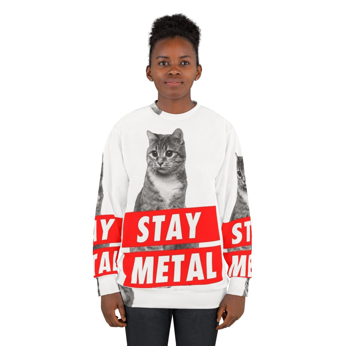 Stay Metal Heavy Metal Sweatshirt with Nicolas Cage Cat Meme Design - women