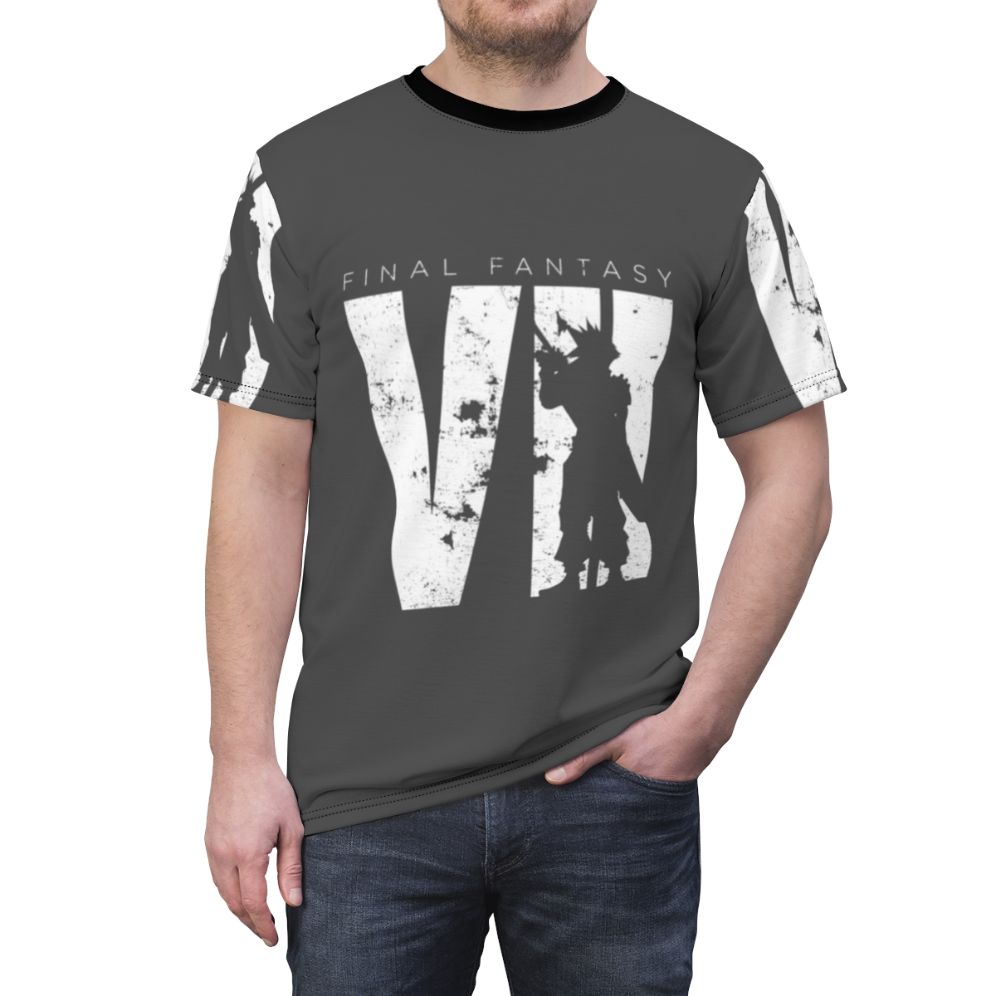 Vintage-style t-shirt featuring iconic characters and elements from the classic video game Final Fantasy 7. - men front