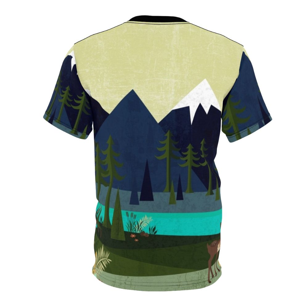 T-shirt featuring a serene nature landscape with deer, trees, and a river - Back