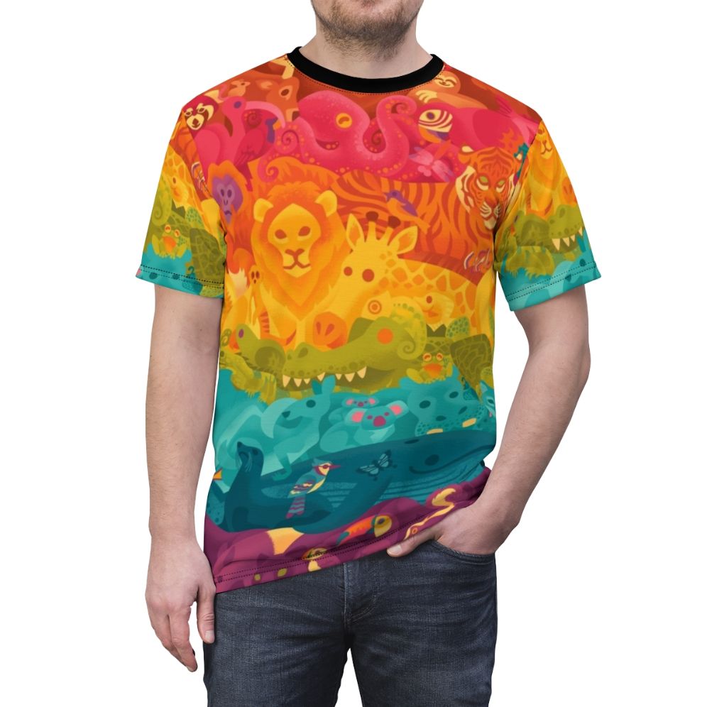 Vibrant all-over animal print design t-shirt featuring a spectrum of cute cartoon wildlife characters. - men front