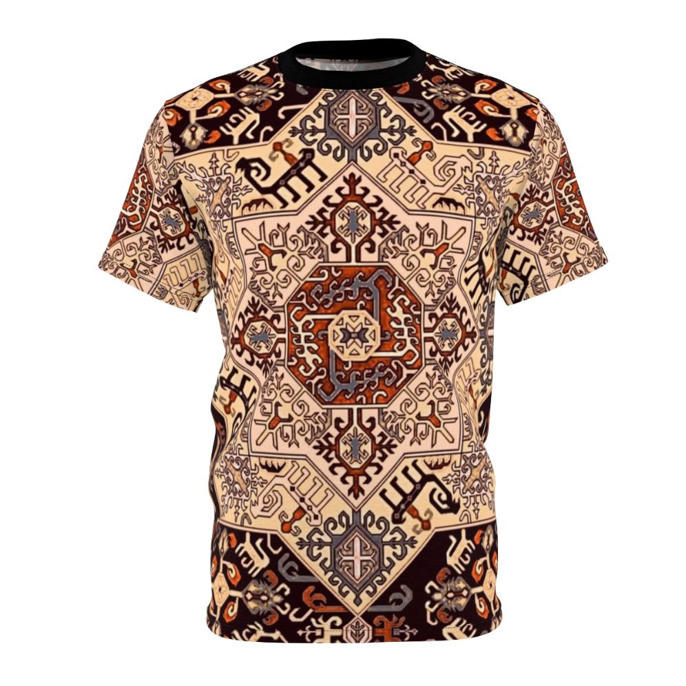 Model wearing a t-shirt featuring traditional Armenian art and design elements