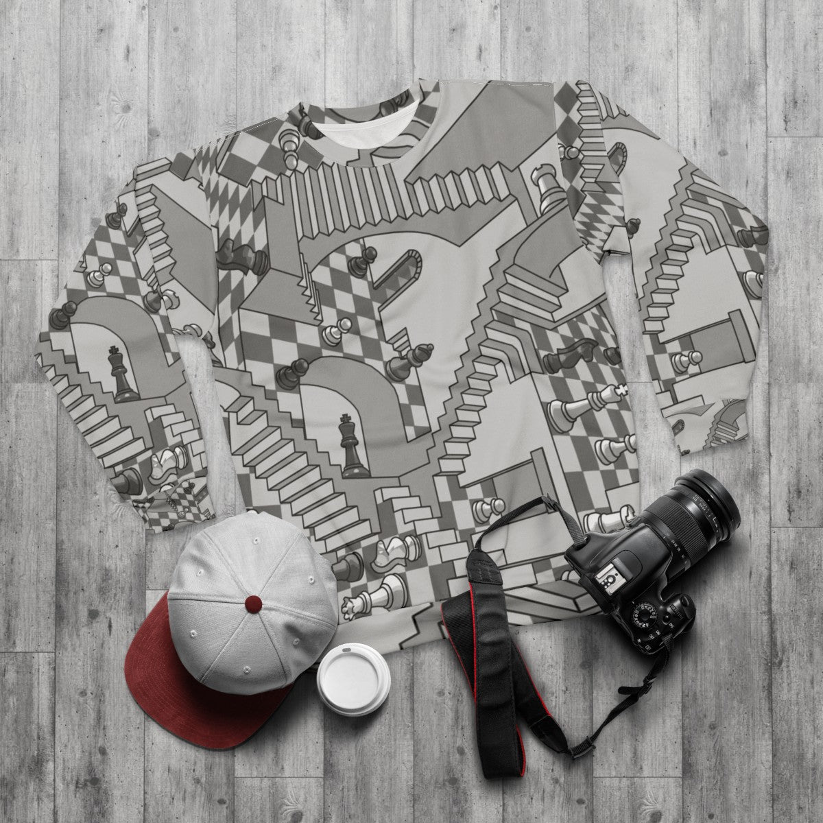 Check Dimension Sweatshirt with Chess and Geometric Pattern Design - flat lay