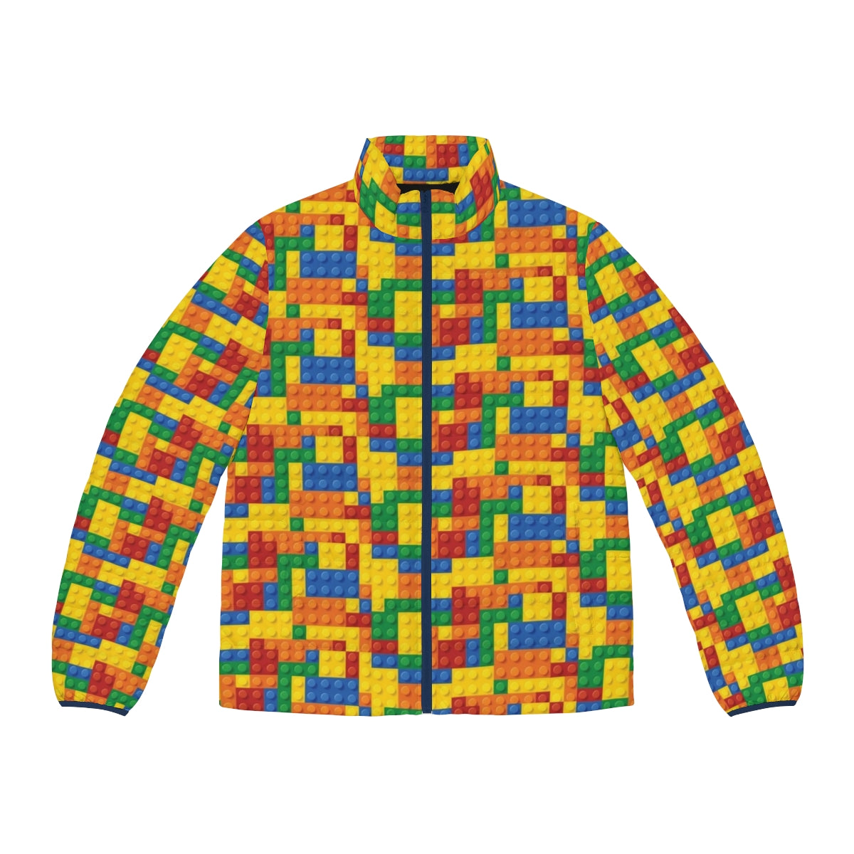 Vibrant puffer jacket featuring a lego block pattern design