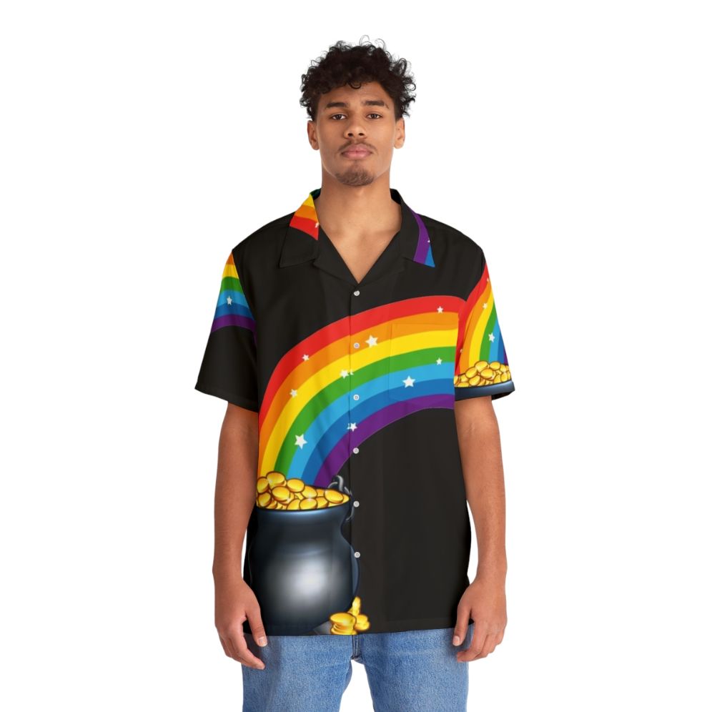 Lucky Hawaiian shirt with pot of gold and rainbow design - People Front