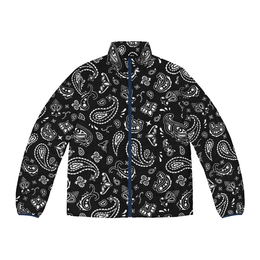 A stylish puffer jacket featuring a bold bandana print design