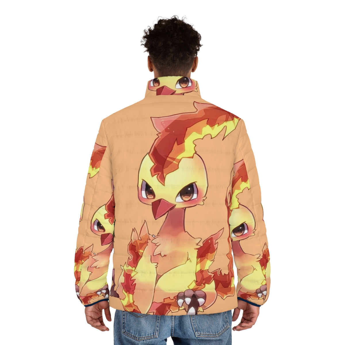 Cute phoenix legendary animal puffer jacket with fantasy bird design - men back