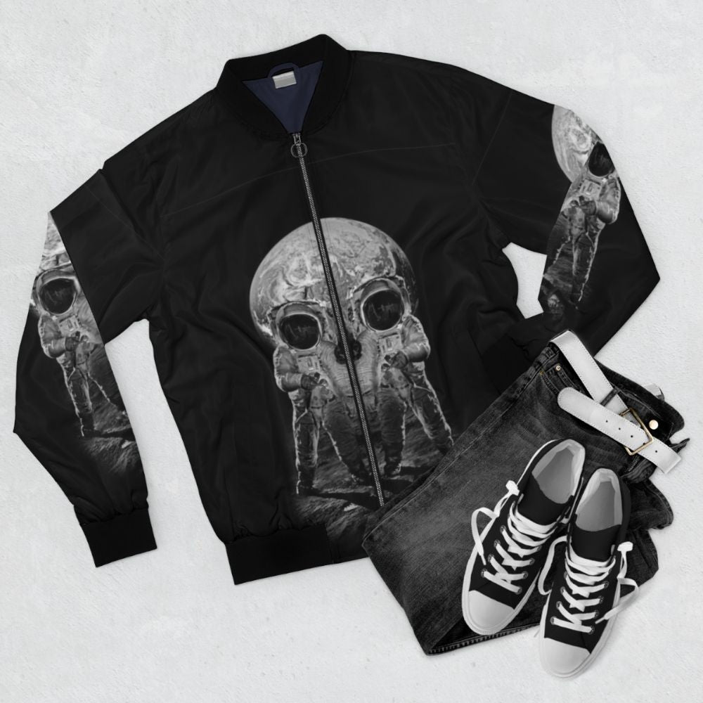 Skull Astronaut Bomber Jacket with Galaxy Print and Spooky Design - Flat lay