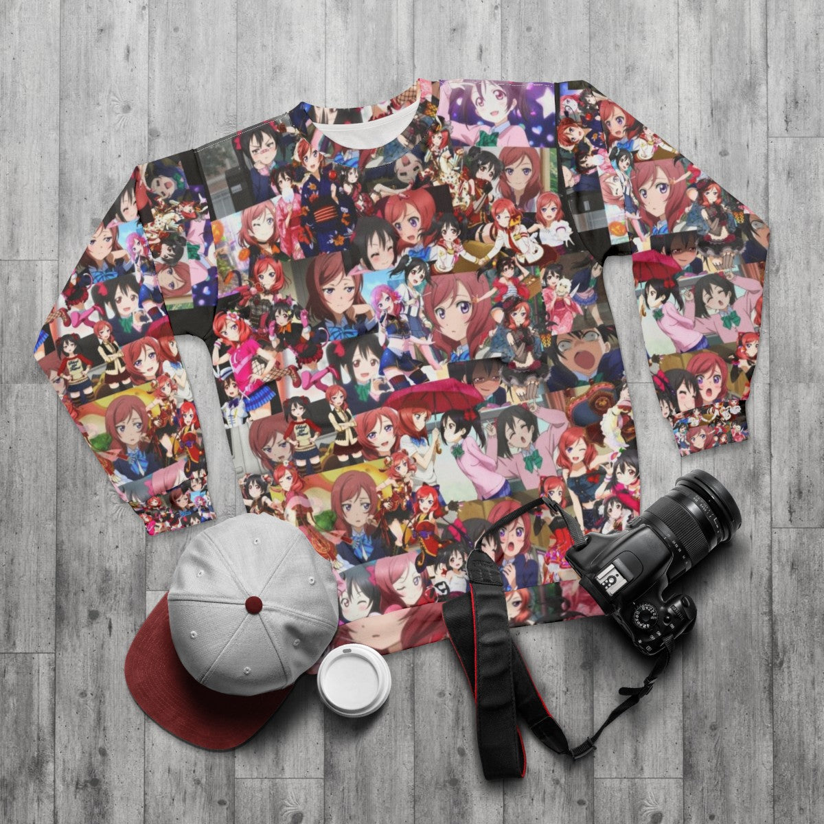 Nico and Maki 'Love Live!' anime characters on a sweatshirt - flat lay