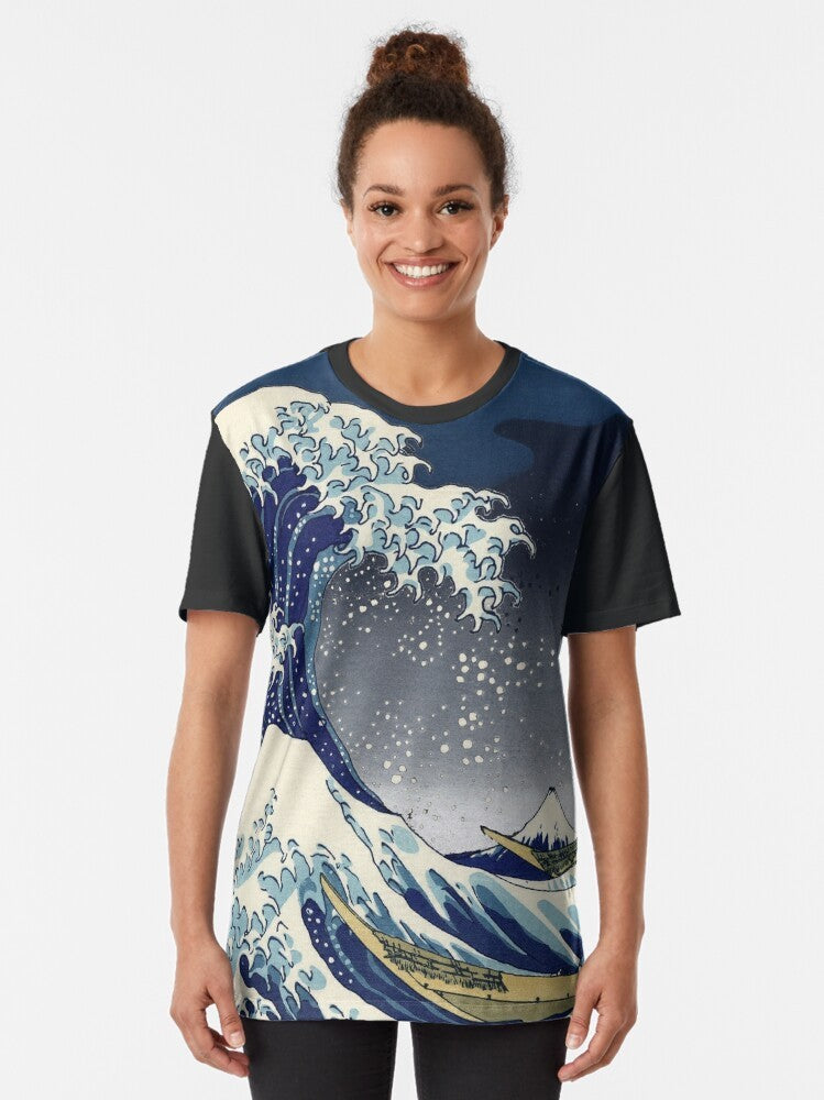 Image of the Great Wave off Kanagawa, a famous woodblock print by the Japanese artist Hokusai, featured on a vintage-style graphic t-shirt. - Women