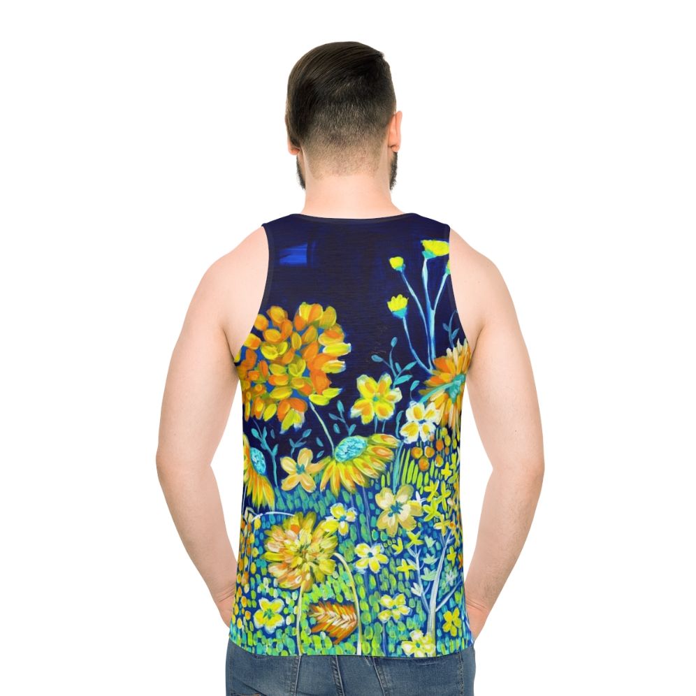 Unisex spring floral tank top in indigo blue and yellow daisies - men back